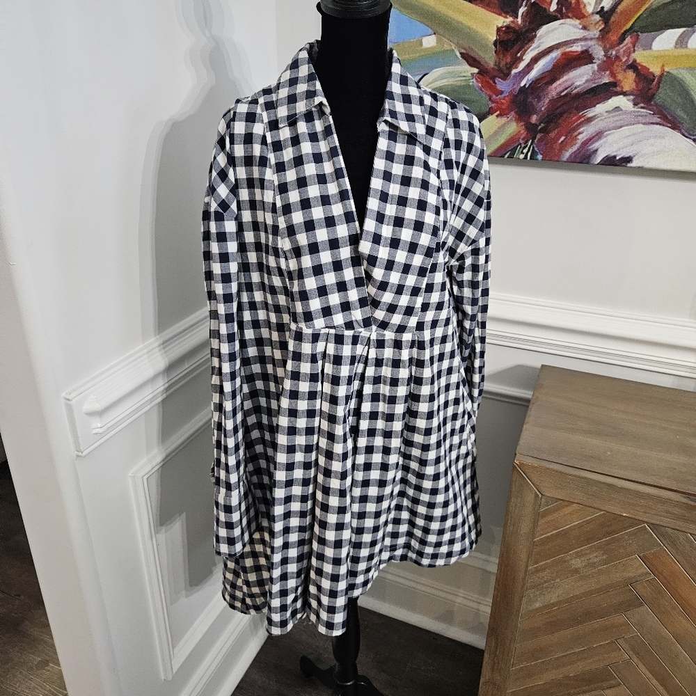 Free People asymmetrical plaid gingham dress Medium Navy Blue/White  With Pocket